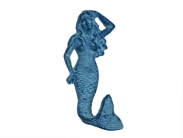 Handcrafted Rustic Light Blue Whitewashed Cast Iron Mermaid Hook 6" from Hampton Creations Handcrafted Rustic Light Blue Whitewashed Cast Iron Mermaid Hook 6" from Hampton Creations