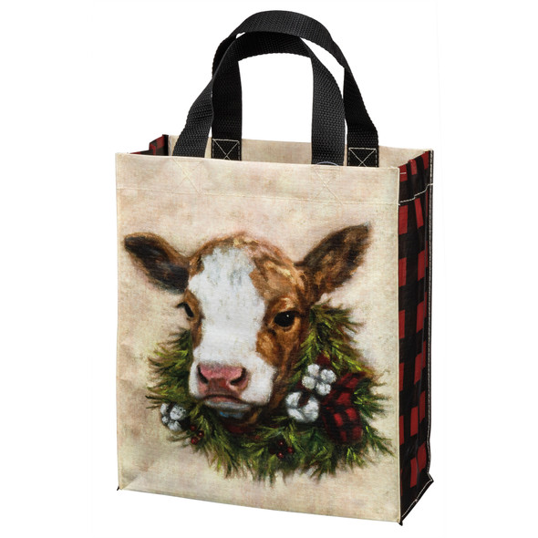 Double Sided Holdiay Wreath Calf & Cow Daily Tote Bag from Primitives by Kathy