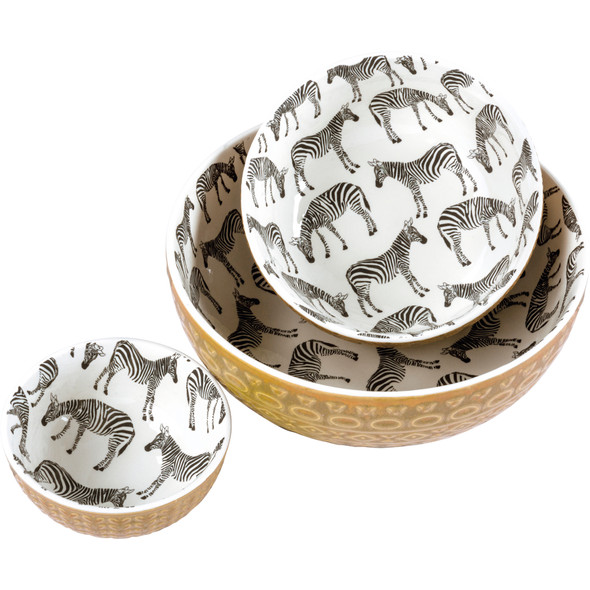 Set of 3 Printed Zebra Design Stoneware Serving Bowls from Primitives by Kathy