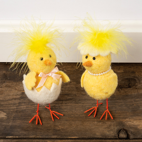 Set of 2 Felt Chicks Pearls & Egg Shell Figurines from Primitives by Kathy