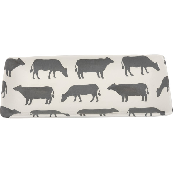 White Rectangular Cow Print Design Stoneware Serving Platter 9.5 Inch x 4.5 Inch from Primitives by Kathy