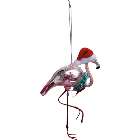 Flamingo In Santa Hat Hanging Glass Ornament 4 Inch x 6 Inch from Primitives by Kathy