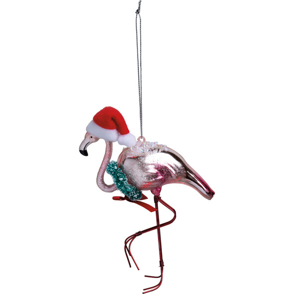 Hanging Glass Ornament - Flamingo In Santa Hat 4 Inch x 6 Inch from Primitives by Kathy
