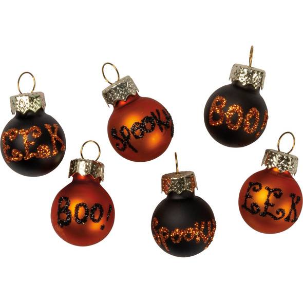 Set of 6 Small Orange & Black Glass Halloween Ornaments In Box - 1.25 In x 1 In - Boo Spooky Eek from Primitives by Kathy