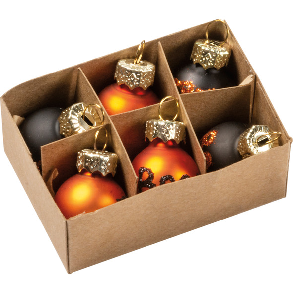 Set of 6 Small Orange & Black Glass Halloween Ornaments In Box - 1.25 In x 1 In - Boo Spooky Eek from Primitives by Kathy