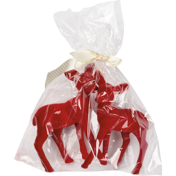 Set of 2 Red Flocked Standing Deer Figurines 5x6 from Primitives by Kathy