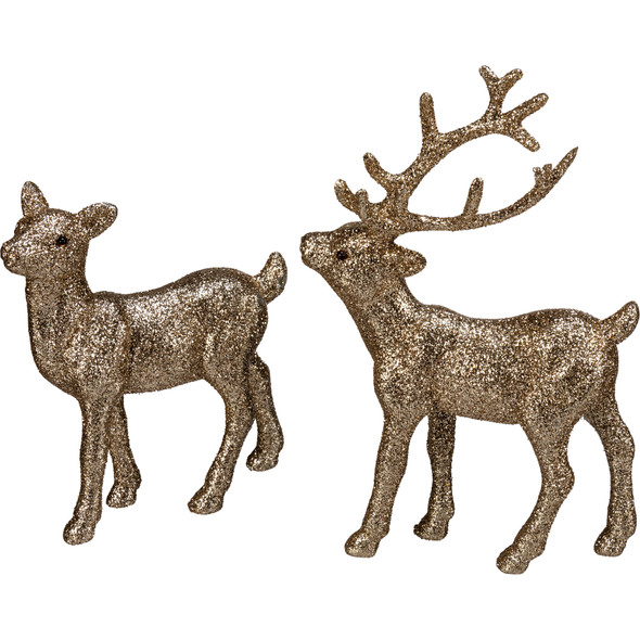 Set of 2 Champagne Glitter Deer Figurines (Doe & Buck) from Primitives by Kathy