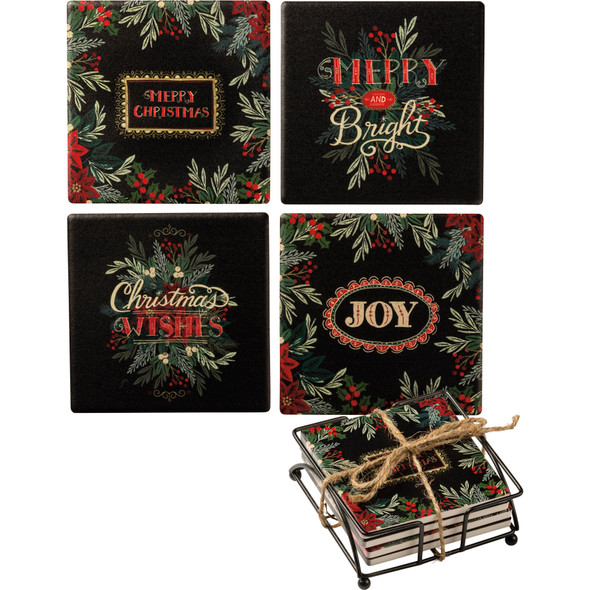 Set of 4 Holiday Themed Stoneware Drink Coaster (Merry Christmas & Merry Bright & Joy & Wishes) from Primitives by Kathy