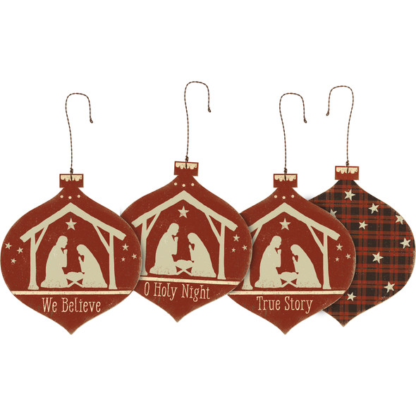 Set of 3 Double Sided Nativity Scene Wooden Ornaments (We Believe & O Holy & True Story) from Primitives by Kathy