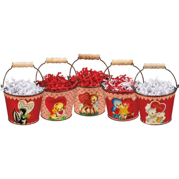 Set of 5 Retro Themed Valentine's Day Animal Design Metal Buckets from Primitives by Kathy