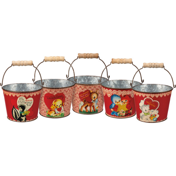 Set of 5 Retro Themed Valentine's Day Animal Design Metal Buckets from Primitives by Kathy