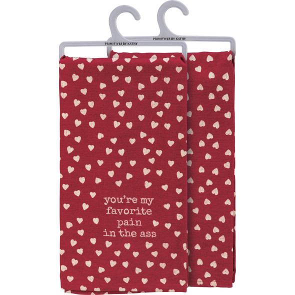 All Over Heart Print Design Red & White You're My Favorite Pain In The Ass Cotton Kitchen Dish Towel from Primitives by Kathy