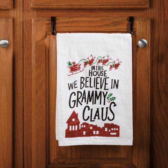 Reindeer Sleigh In This House We Believe In Grammy Claus Cotton Kitchen Dish Towel 28x28 from Primitives by Kathy