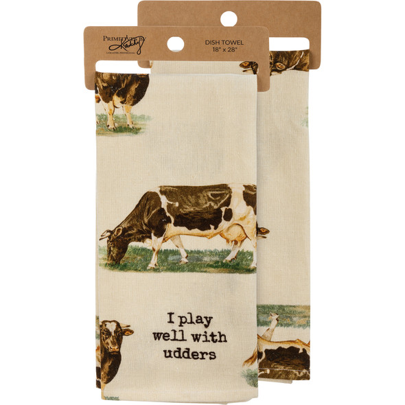 Vintage Inspired Farm Cow I Play Well With Udders Cotton Kitchen Dish Towel 18x28 from Primitives by Kathy