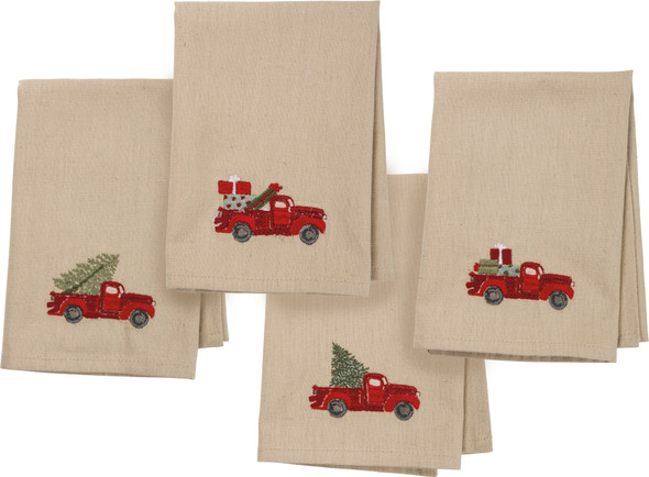 Set of 4 Red Truck With Christmas Tree Cotton & Linen Blend Cloth Dinner Napkins from Primitives by Kathy