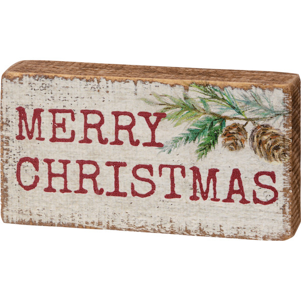 Evergreen Branch & Pine Cone Design Merry Christmas Decorative Wooden Block Sign 4.5 Inch from Primitives by Kathy