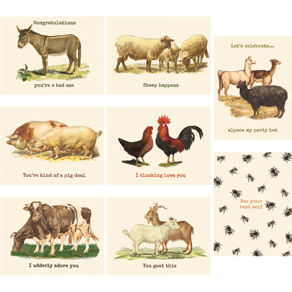 Set of 8 Animal Puns Paper Notecard Set from Primitives by Kathy