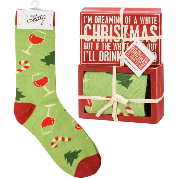 Wine Lover I'm Dreaming of a White Christmas Decorative Box Sign & Socks Gift Set from Primitives by Kathly