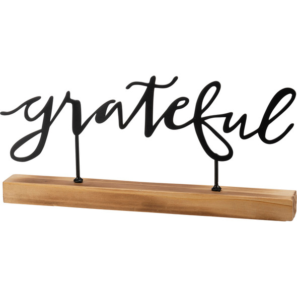 Decorative Metal Word Art Sign With Wooden Base - Grateful - 12 In x 5.75 In In from Primitives by Kathy