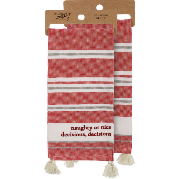 Naughty Or Nice Decisions Decisions Red & White Striped Woven Cotton Kitchen Dish Towel 20x28 from Primitives by Kathy