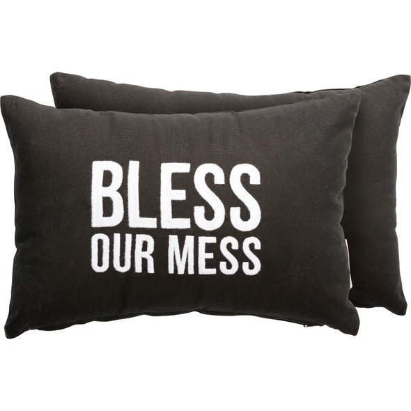 Bless Our Mess Black & White Embroidered Decorative Cotton Throw Pillow 15x10 from Primitives by Kathy