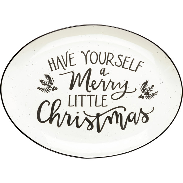 Have Yourself A Merry Little Christmas Oval White & Black Stoneware Platter 12.5 Inch from Primitives by Kathy