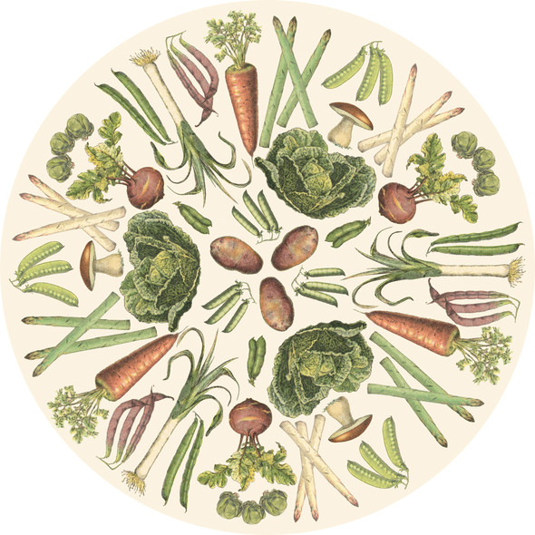 24 Pack Single Use Round Paper Table Placemats - Vintage Garden Veggies Print 16 Inch from Primitives by Kathy