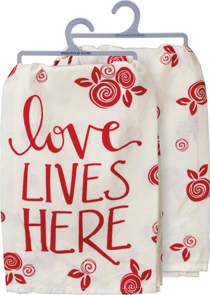 Red & White Love Lives Here Cotton Dish Towel 28x28 from Primitives by Kathy