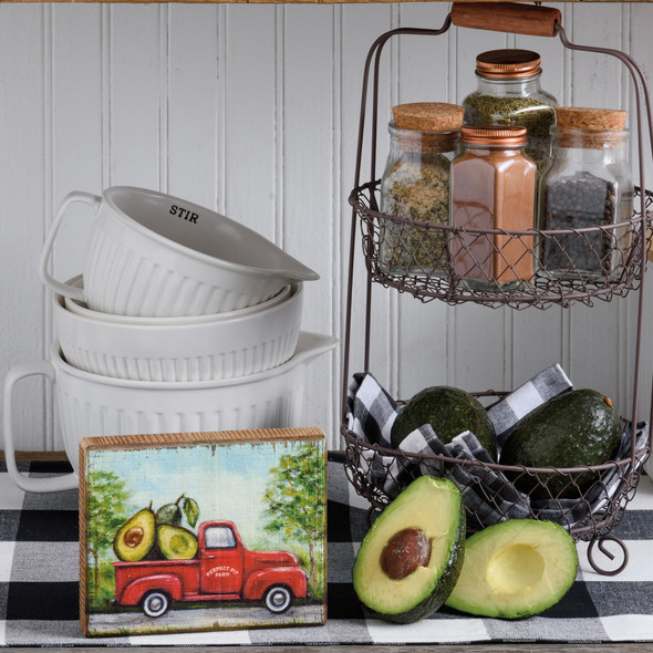 Red Pickup Truck Hauling Avocado (Perfect Pit Form) Decoative Wooden Block Sign 6 Inch from Primitives by Kathy