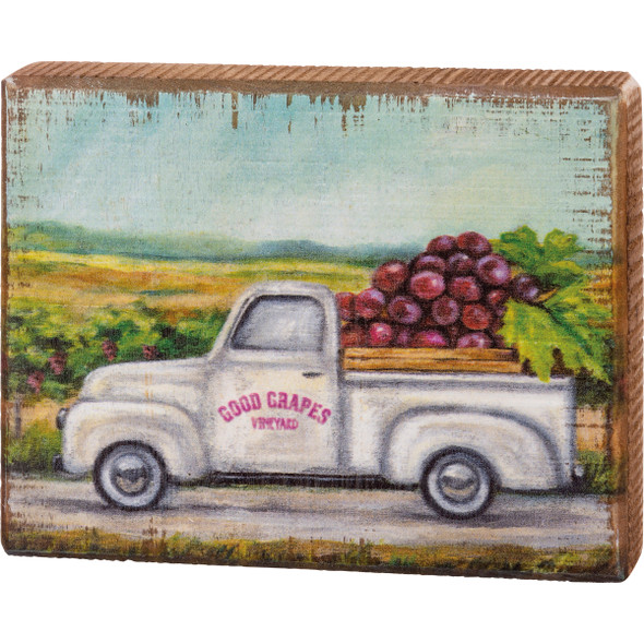 White Pickup Truck Good Grapes Vineyard Decorative Wooden Block Sign 6 Inch from Primitives by Kathy