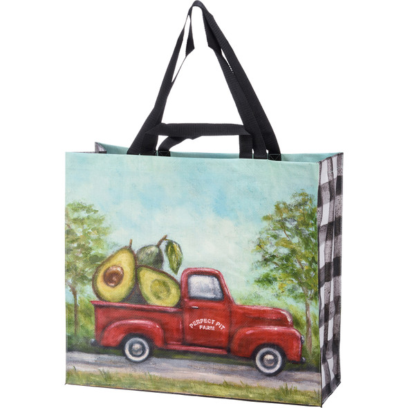 Double Sided Market Tote Bag (Avocado Perfect Pit Farm) Red Pickup Truck Design from Primitives by Kathy