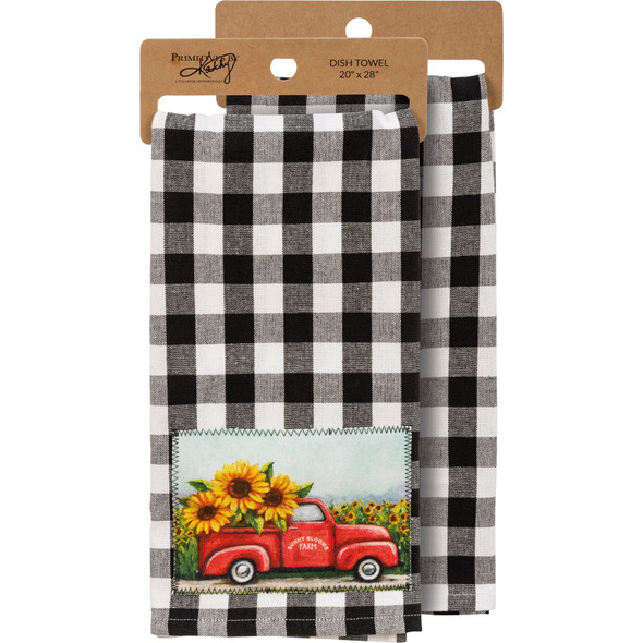 Red Pickup Truck Sunflowers Sunny Blooms Farm Buffalo Check Cotton Kitchen Dish Towel 20x28from Primitives by Kathy