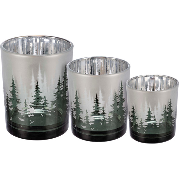 Set of 3 Evergreen Pine Tree Design Glass Candle Holder Set from Primitives by Kathy