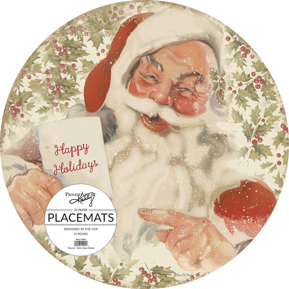 Pack of 24 Single Use Round Paper Placemats - Happy Holidays Vintage Santa - 16 Inch Diameter from Primitives by Kathy