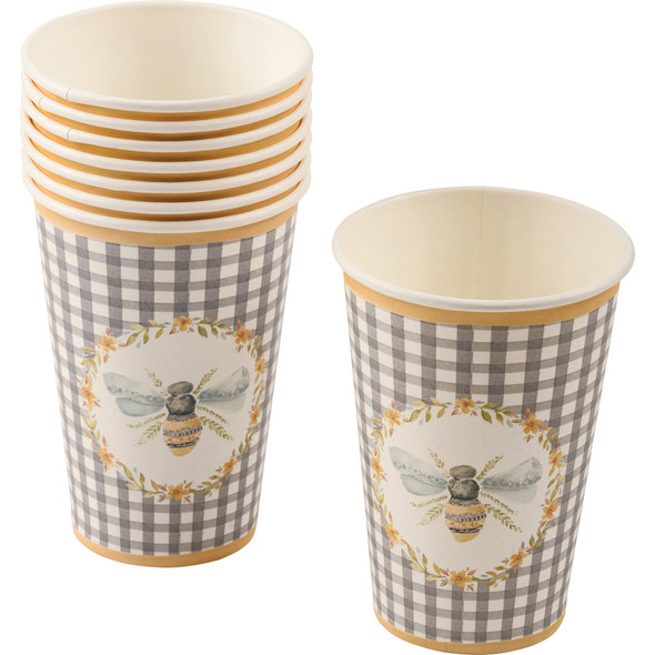 Floral Wreath Bumblebee Gingham Pattern Paper Cups 12 Oz (Pack of 8 Cups) from Primitives by Kathy