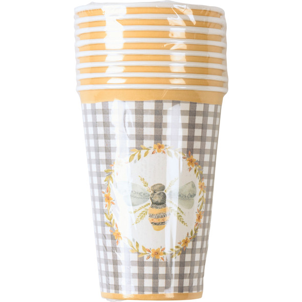 Floral Wreath Bumblebee Gingham Pattern Paper Cups 12 Oz (Pack of 8 Cups) from Primitives by Kathy