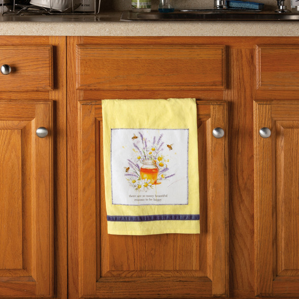 Honey Bees Daisies & Lavender So Many Beautiful Reasons To Be Happy Cotton Kitchen Dish Towel 28x28 from Primitives by Kathy