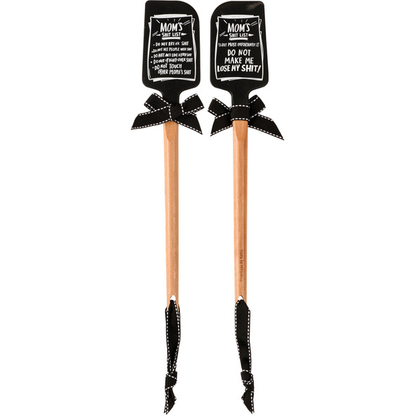 Double Sided Silicone Spatula - Mom's Shit List - Black & White With Wooden Handle from Primitives by Kathy