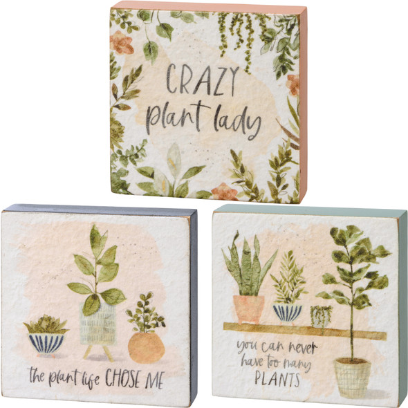 Set of 3 Plant Life Themed Decorative Wooden Block Signs from Primitives by Kathy