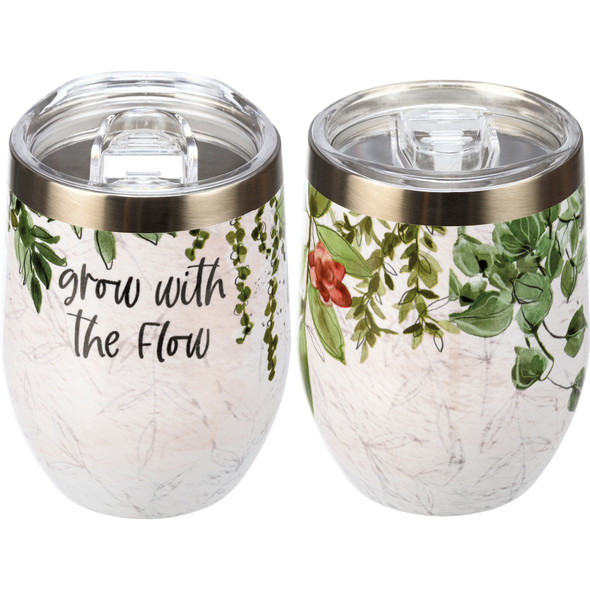 Stainless Steel Wine Tumbler - Watercolor Greenery Grow With The Flow 12 Oz from Primitives by Kathy