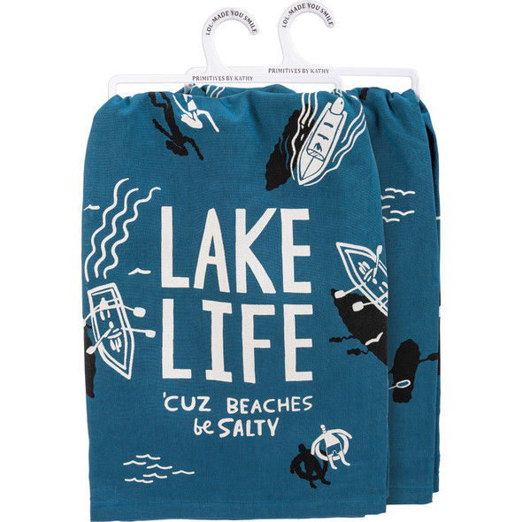 Boats & Tubming Lake Life 'Cuz Beaches Be Salty Cotton Kitchen Dish Towel 28x28 from Primitives by Kathy