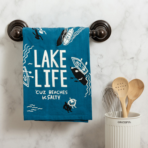 Boats & Tubming Lake Life 'Cuz Beaches Be Salty Cotton Kitchen Dish Towel 28x28 from Primitives by Kathy