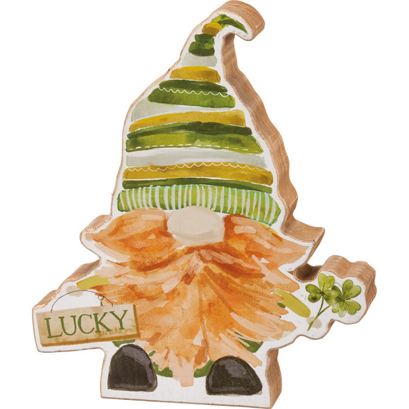 Lucky Gnome & Shamrock Decorative Wooden Block Sign 6 Inch from Primitives by Kathy