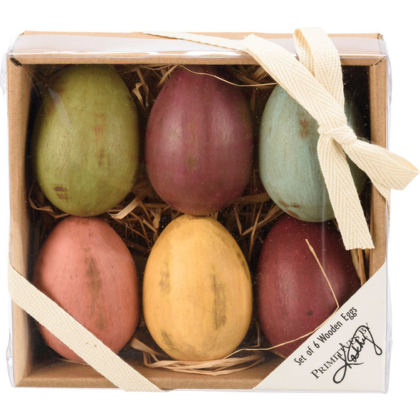 Set of 6 Primitive Springtime Wooden Eggs In Neutral Tones from Primitives by Kathy