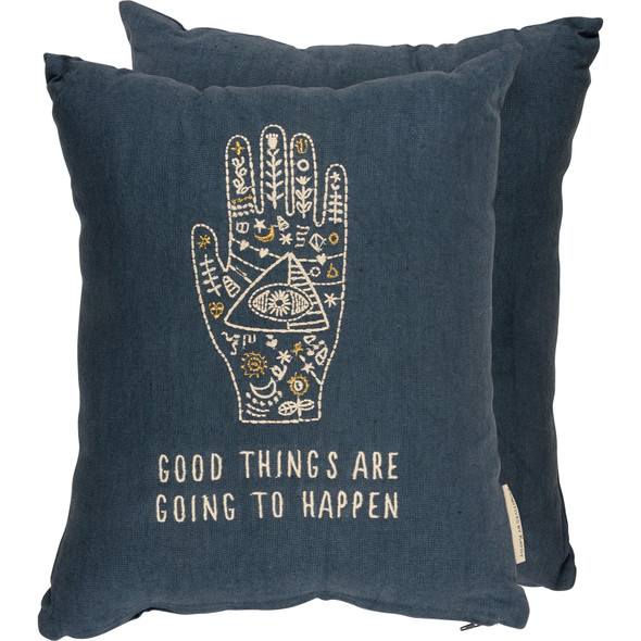 Navy Blue Botanical Hand Good Things Are Going To Happen Decorative Cotton Throw Pillow 12x14 from Primitives by Kathy