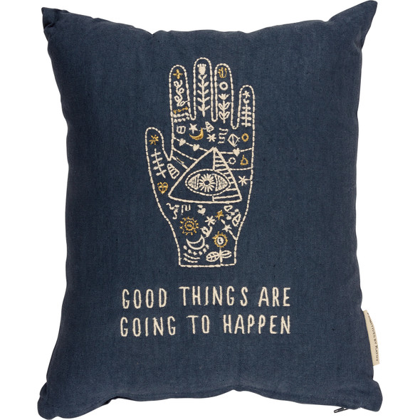 Navy Blue Botanical Hand Good Things Are Going To Happen Decorative Cotton Throw Pillow 12x14 from Primitives by Kathy