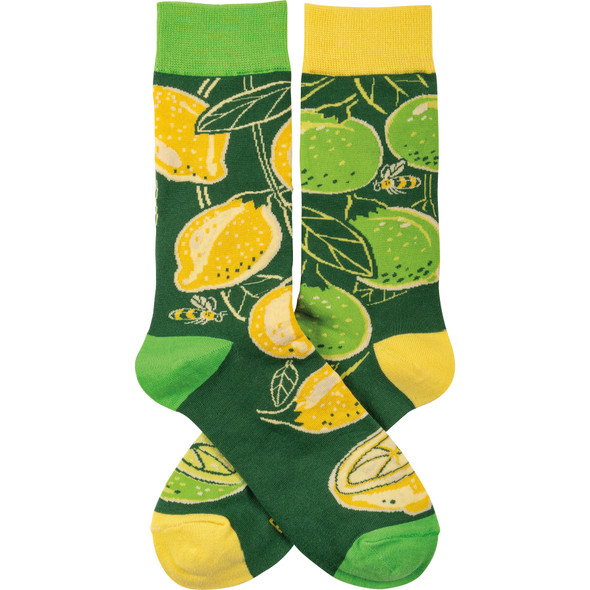 Lemon Lime & Bumblebees Colorfully Printed Cotton Novelty Socks from Primitives by Kathy