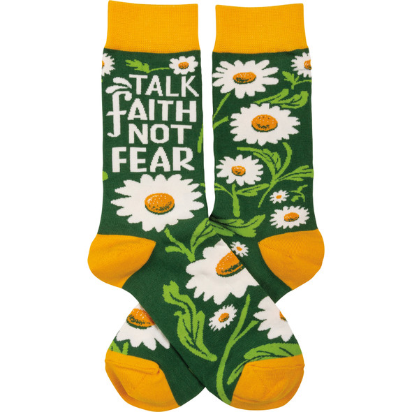 Talk Faith Not Fear Daisy Flower Design Colorfully Printed Cotton Novelty Socks from Primitives by Kathy