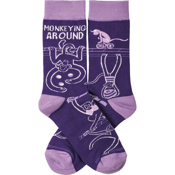 Monkeying Around Colorfully Printed Purple Cotton Novelty Socks from Primitives by Kathy