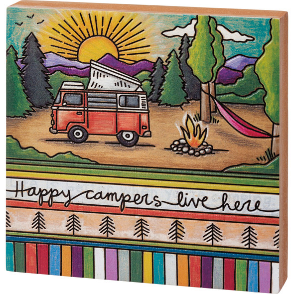 Colorful Wood Burn Art Design Sun & Mountains Happy Campers Live Here Wooden Block Sign 6x6 from Primitives by Kathy